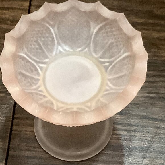 Vtg Pink Frosted Glass Compote Dessert Candy Dish Floral Design Scalloped Edges - Picture 2 of 5